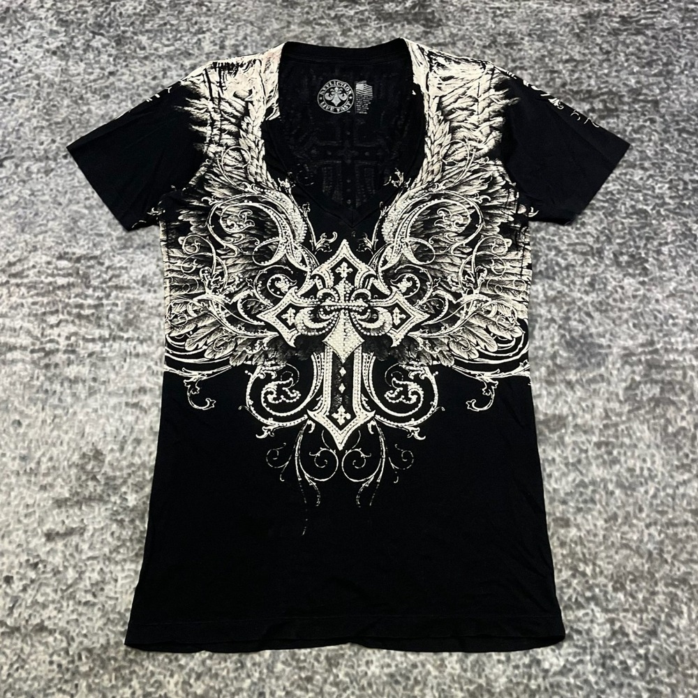 Affliction Live Fast Shirt V-Neck Womens Large Black Wings Cross Y2K Grunge